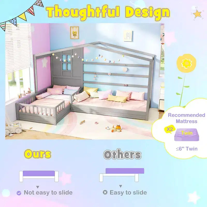 Costway L-shaped Double Twin Beds House Platform Beds w/ Window & Fences ray