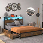 Costway Full/Queen Industrial Platform Bed Frame with Storage Drawers & LED Lights Headboard