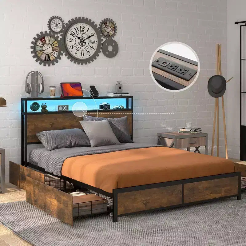 Costway Full/Queen Industrial Platform Bed Frame with Storage Drawers & LED Lights Headboard