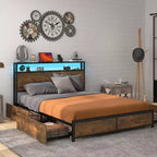 Costway Full/Queen Industrial Platform Bed Frame with Storage Drawers & LED Lights Headboard