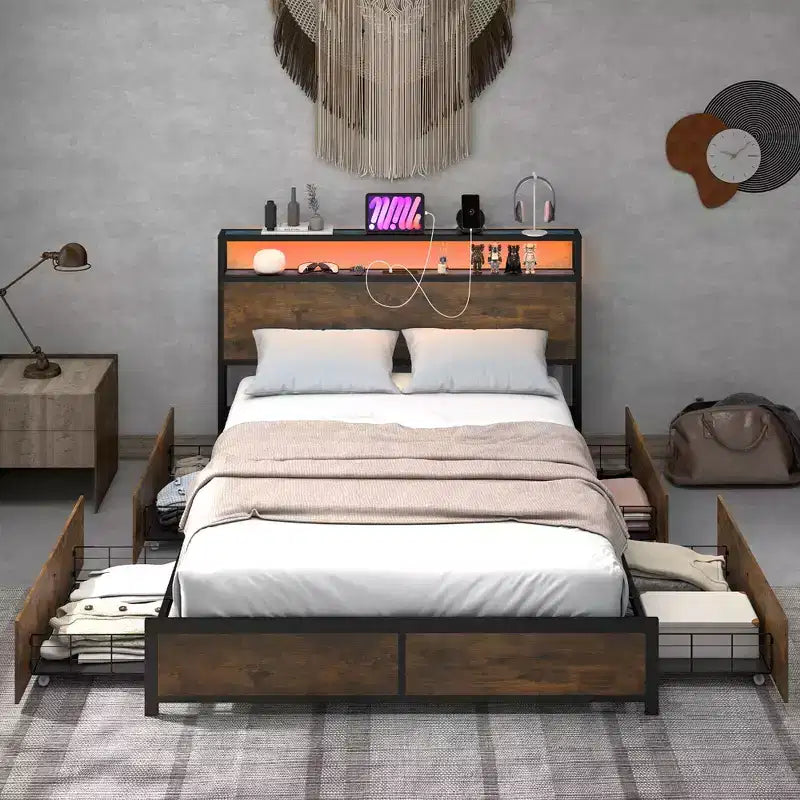 Costway Full/Queen Industrial Platform Bed Frame with Storage Drawers & LED Lights Headboard