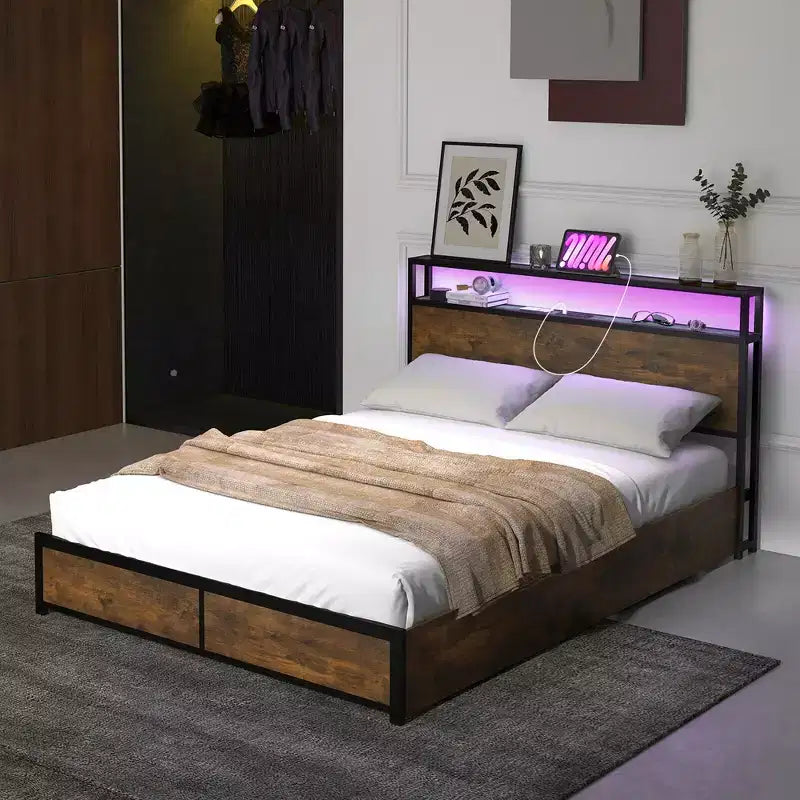 Costway Full/Queen Industrial Platform Bed Frame with Storage Drawers & LED Lights Headboard