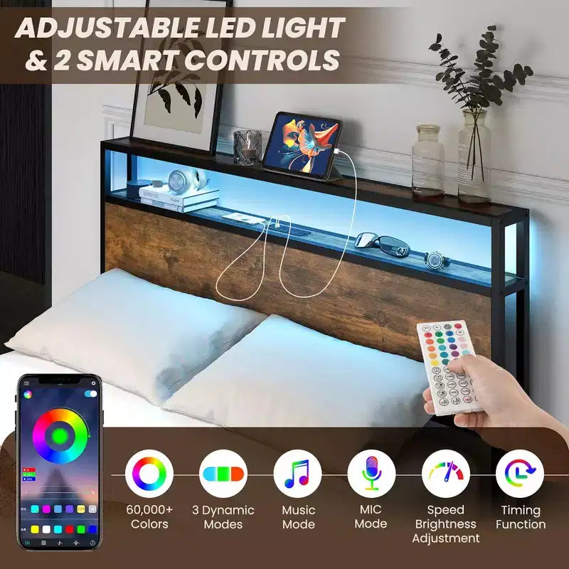 Costway Full/Queen Industrial Platform Bed Frame with Storage Drawers & LED Lights Headboard