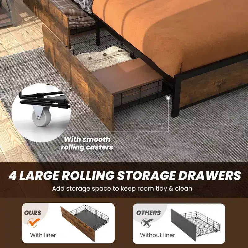 Costway Full/Queen Industrial Platform Bed Frame with Storage Drawers & LED Lights Headboard