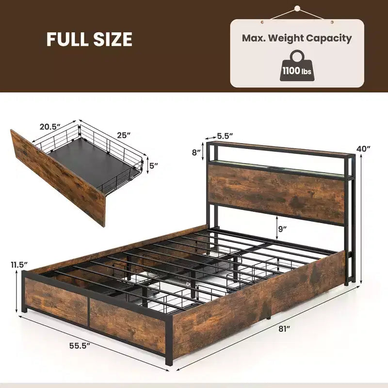 Costway Full/Queen Industrial Platform Bed Frame with Storage Drawers & LED Lights Headboard