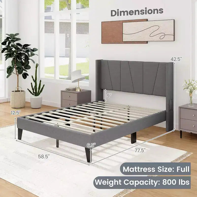 Costway Full Size Upholstered Bed Frame w/ Elastic Pockets Mattress Foundation Gray