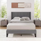 Costway Full Size Upholstered Bed Frame w/ Elastic Pockets Mattress Foundation Gray