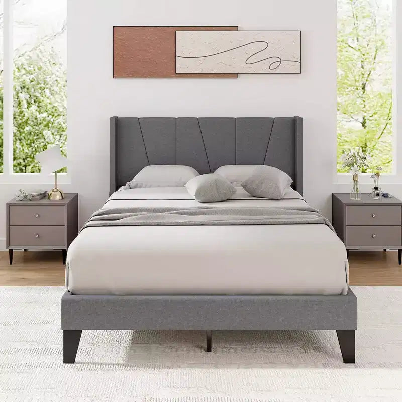 Costway Full Size Upholstered Bed Frame w/ Elastic Pockets Mattress Foundation Gray