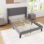 Costway Full Size Upholstered Bed Frame w/ Elastic Pockets Mattress Foundation Gray