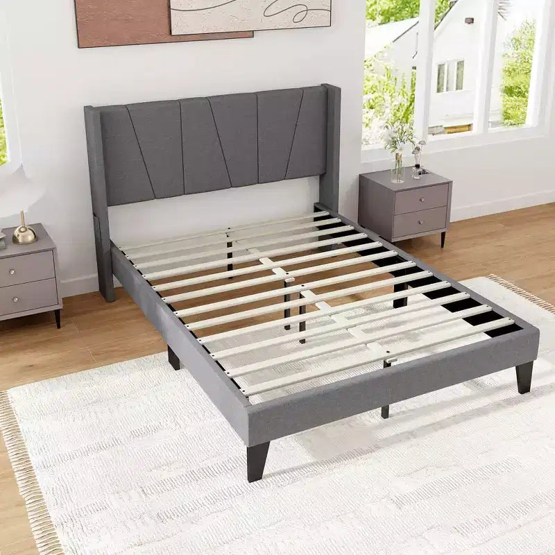 Costway Full Size Upholstered Bed Frame w/ Elastic Pockets Mattress Foundation Gray