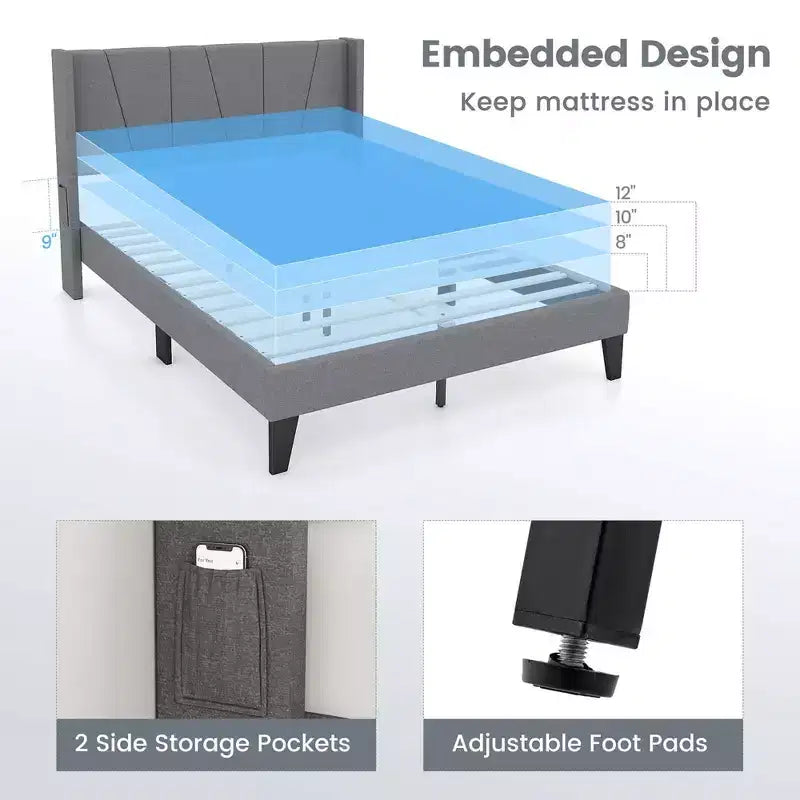 Costway Full Size Upholstered Bed Frame w/ Elastic Pockets Mattress Foundation Gray