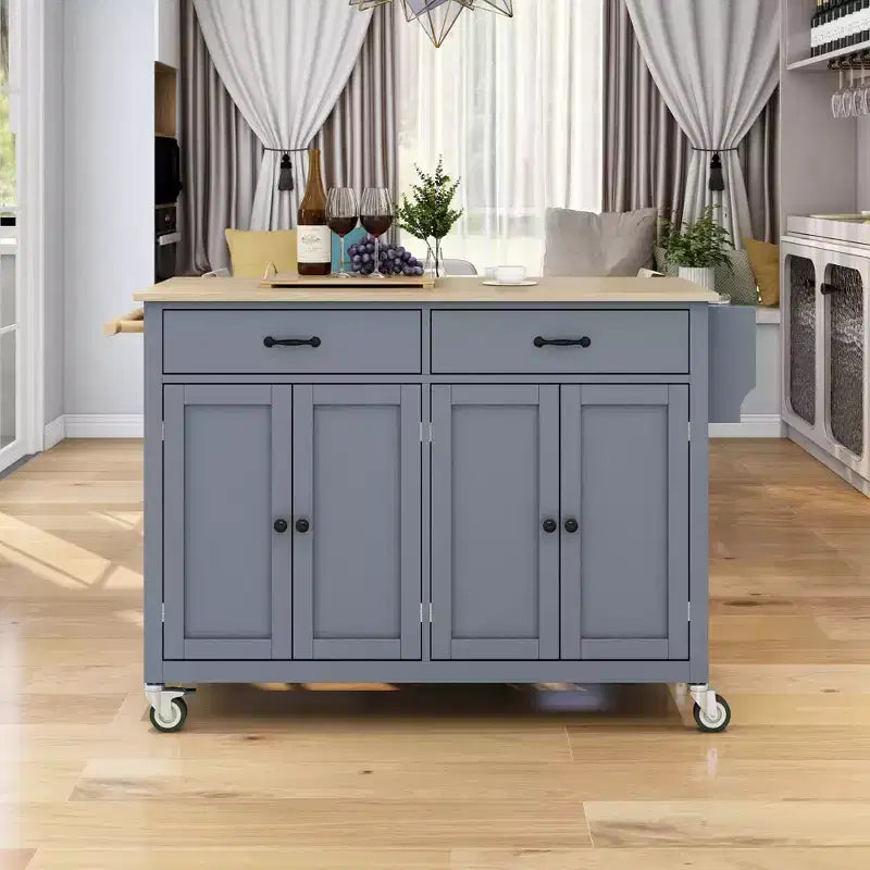 Rolling Kitchen Island Cart on Wheels with Solid Wood Top and Locking Wheels, 54.3 Inch Width, 4 Door Cabinet and Two Drawers, Spice Rack