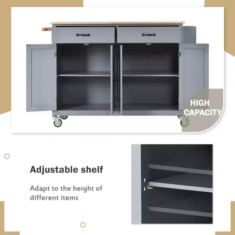Rolling Kitchen Island Cart on Wheels with Solid Wood Top and Locking Wheels, 54.3 Inch Width, 4 Door Cabinet and Two Drawers, Spice Rack