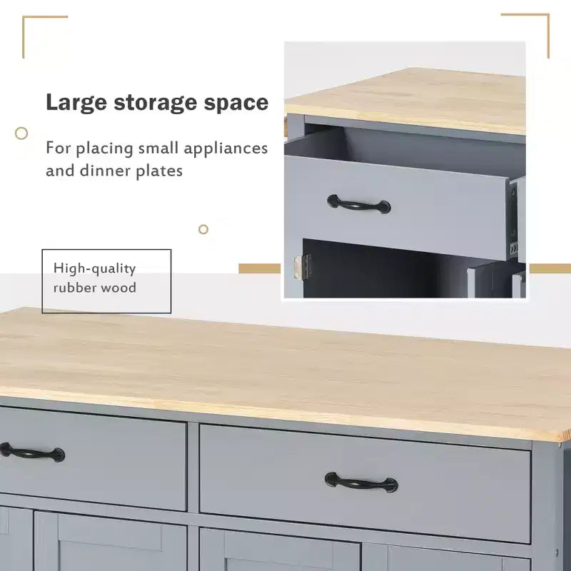 Rolling Kitchen Island Cart on Wheels with Solid Wood Top and Locking Wheels, 54.3 Inch Width, 4 Door Cabinet and Two Drawers, Spice Rack