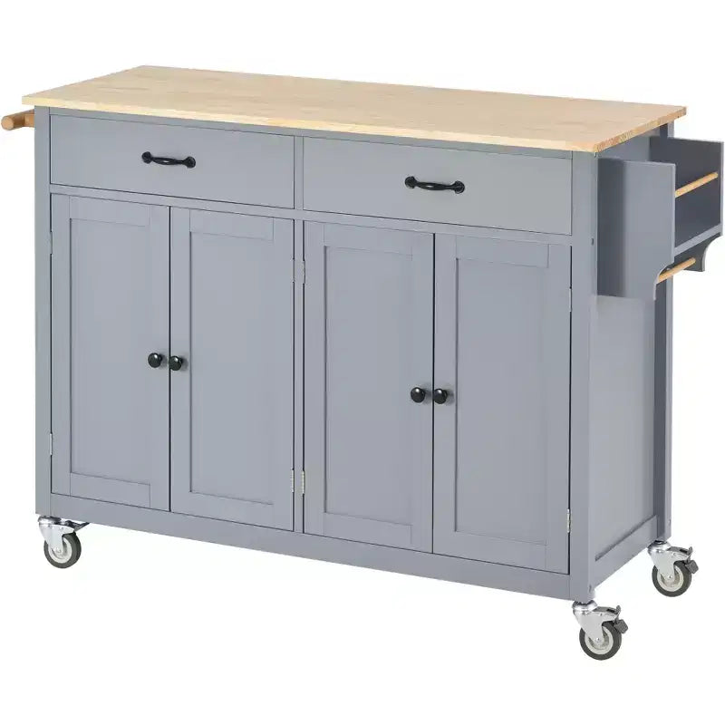 Rolling Kitchen Island Cart on Wheels with Solid Wood Top and Locking Wheels, 54.3 Inch Width, 4 Door Cabinet and Two Drawers, Spice Rack