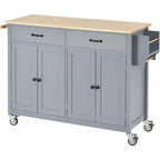Rolling Kitchen Island Cart on Wheels with Solid Wood Top and Locking Wheels, 54.3 Inch Width, 4 Door Cabinet and Two Drawers, Spice Rack