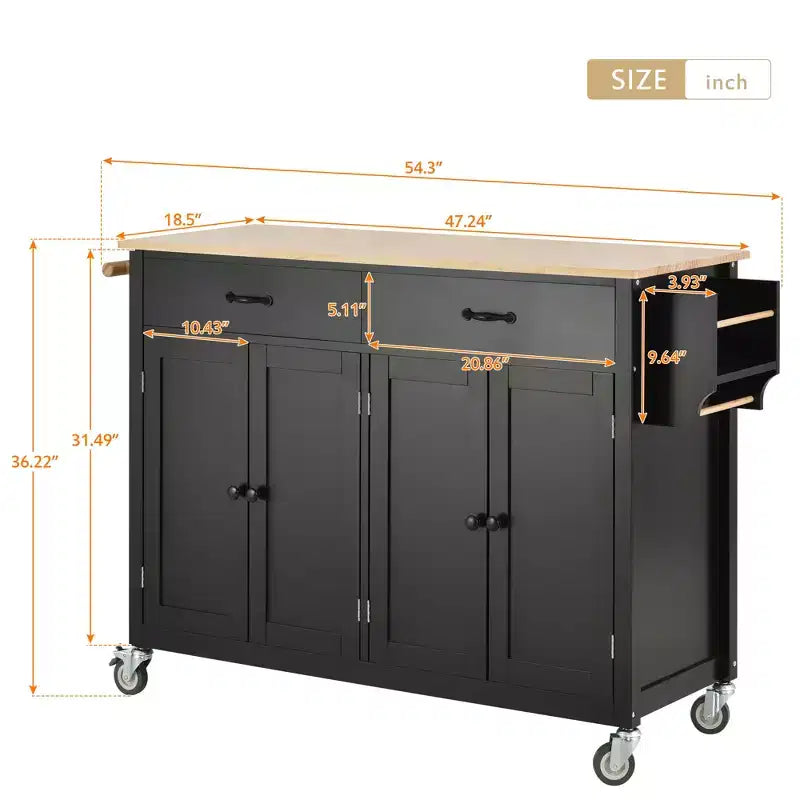 Rolling Kitchen Island Cart on Wheels with Solid Wood Top and Locking Wheels, 54.3 Inch Width, 4 Door Cabinet and Two Drawers, Spice Rack