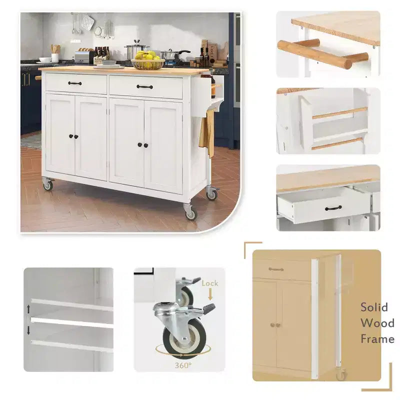 Rolling Kitchen Island Cart on Wheels with Solid Wood Top and Locking Wheels, 54.3 Inch Width, 4 Door Cabinet and Two Drawers, Spice Rack