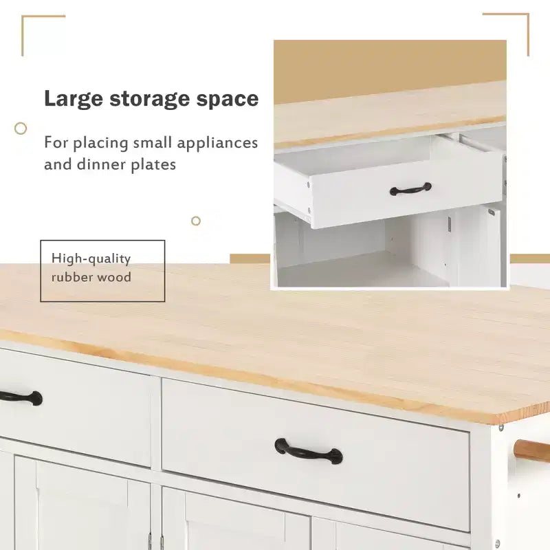 Rolling Kitchen Island Cart on Wheels with Solid Wood Top and Locking Wheels, 54.3 Inch Width, 4 Door Cabinet and Two Drawers, Spice Rack