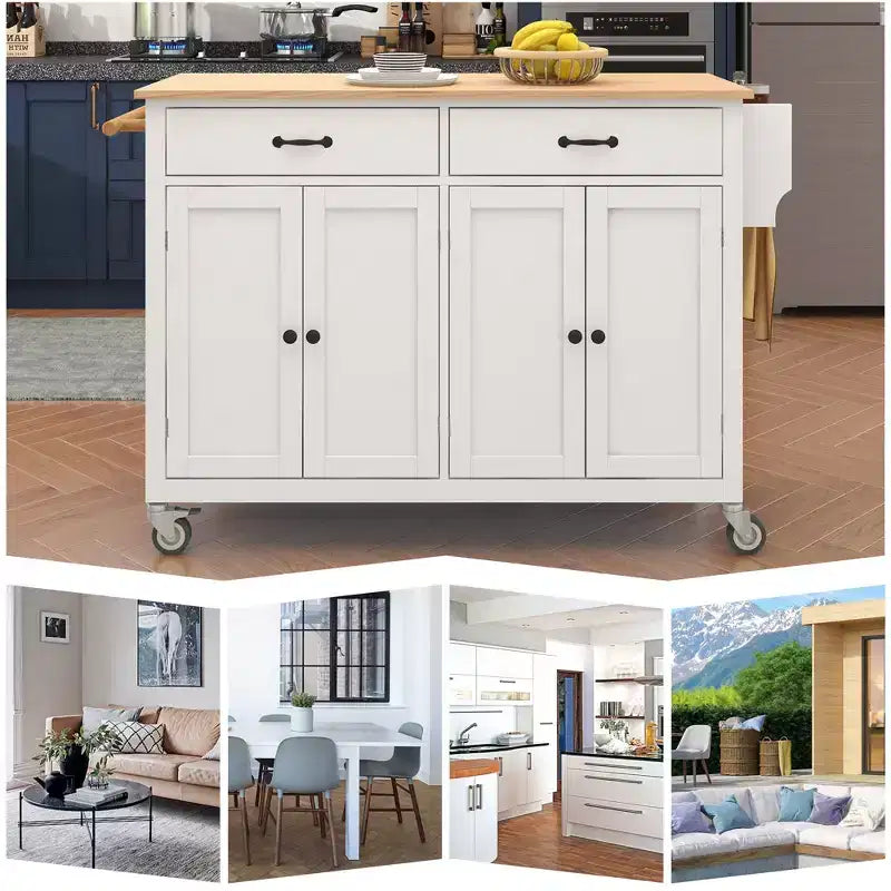 Rolling Kitchen Island Cart on Wheels with Solid Wood Top and Locking Wheels, 54.3 Inch Width, 4 Door Cabinet and Two Drawers, Spice Rack
