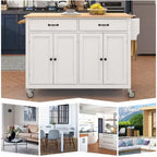 Rolling Kitchen Island Cart on Wheels with Solid Wood Top and Locking Wheels, 54.3 Inch Width, 4 Door Cabinet and Two Drawers, Spice Rack