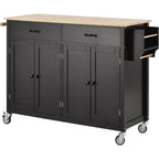 Rolling Kitchen Island Cart on Wheels with Solid Wood Top and Locking Wheels, 54.3 Inch Width, 4 Door Cabinet and Two Drawers, Spice Rack