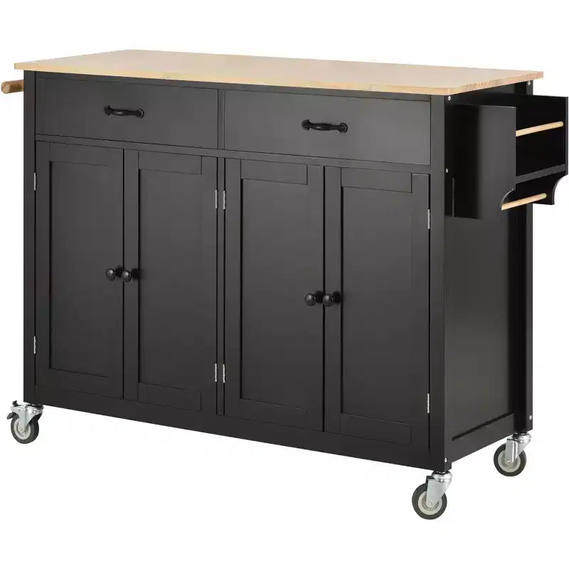 Rolling Kitchen Island Cart on Wheels with Solid Wood Top and Locking Wheels, 54.3 Inch Width, 4 Door Cabinet and Two Drawers, Spice Rack