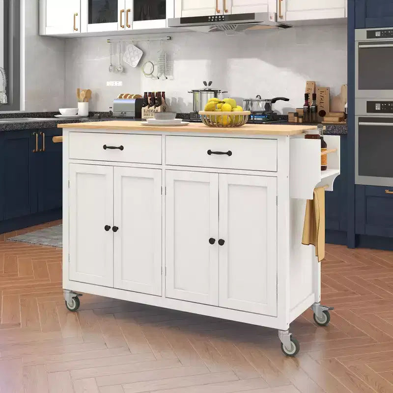 Rolling Kitchen Island Cart on Wheels with Solid Wood Top and Locking Wheels, 54.3 Inch Width, 4 Door Cabinet and Two Drawers, Spice Rack