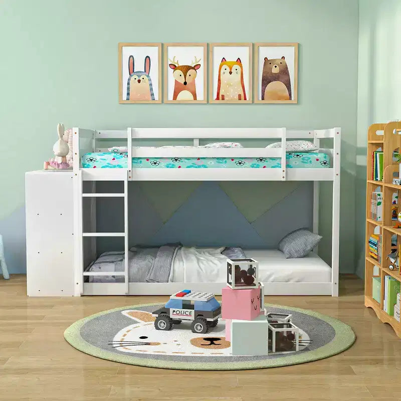 Costway Twin Over Twin Bunk Bed Wood Frame Storage Shelves Ladder Guardrails Kids White