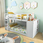 Costway Twin Over Twin Bunk Bed Wood Frame Storage Shelves Ladder Guardrails Kids White
