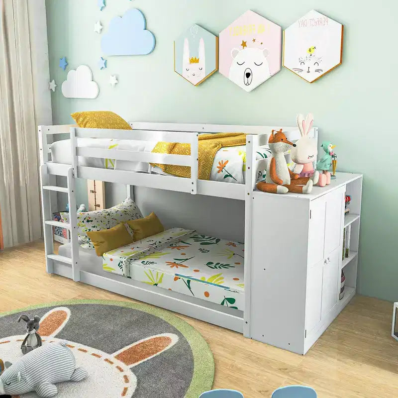 Costway Twin Over Twin Bunk Bed Wood Frame Storage Shelves Ladder Guardrails Kids White
