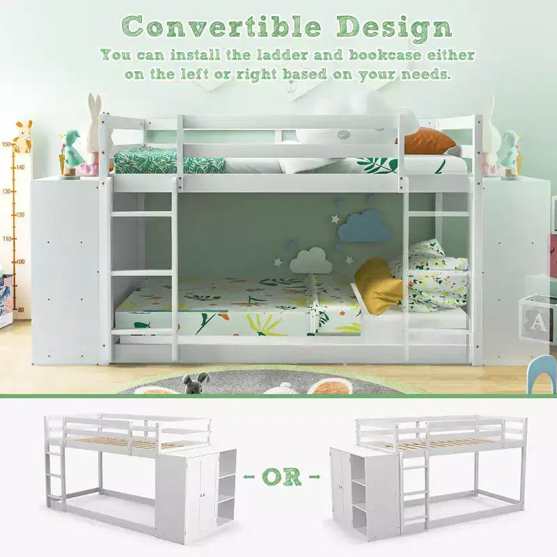 Costway Twin Over Twin Bunk Bed Wood Frame Storage Shelves Ladder Guardrails Kids White