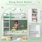 Costway Twin Over Twin Bunk Bed Wood Frame Storage Shelves Ladder Guardrails Kids White