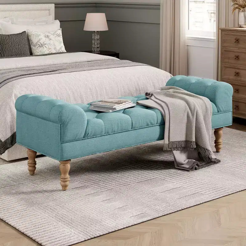 Modern Diamond Button-Tufted Ottoman Bench with Rolled Arms, Upholstered Ottoman Stool for Bedroom & Entryway