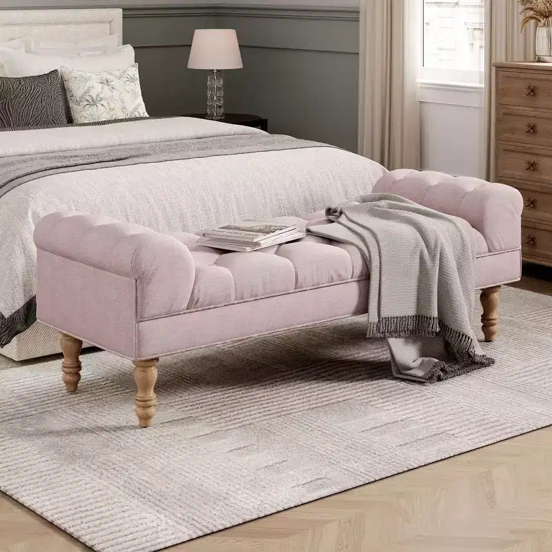 Modern Diamond Button-Tufted Ottoman Bench with Rolled Arms, Upholstered Ottoman Stool for Bedroom & Entryway