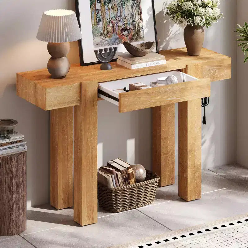 Console Table with Storage Drawer, Wood Veneer Sofa Table, Narrow Entryway Table for Living Room or Home Office