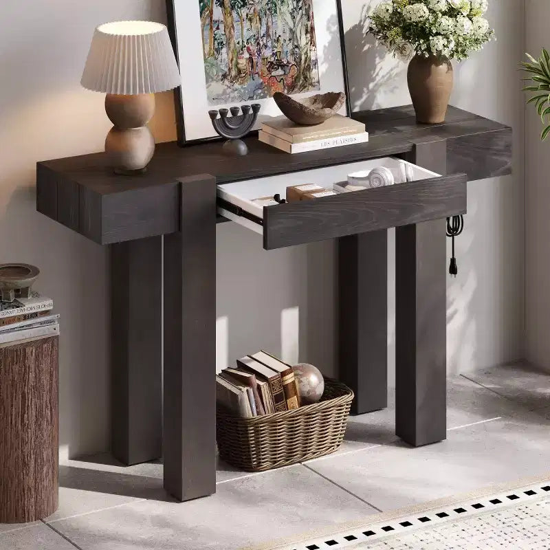 Console Table with Storage Drawer, Wood Veneer Sofa Table, Narrow Entryway Table for Living Room or Home Office