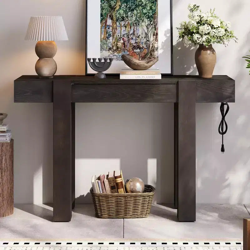 Console Table with Storage Drawer, Wood Veneer Sofa Table, Narrow Entryway Table for Living Room or Home Office