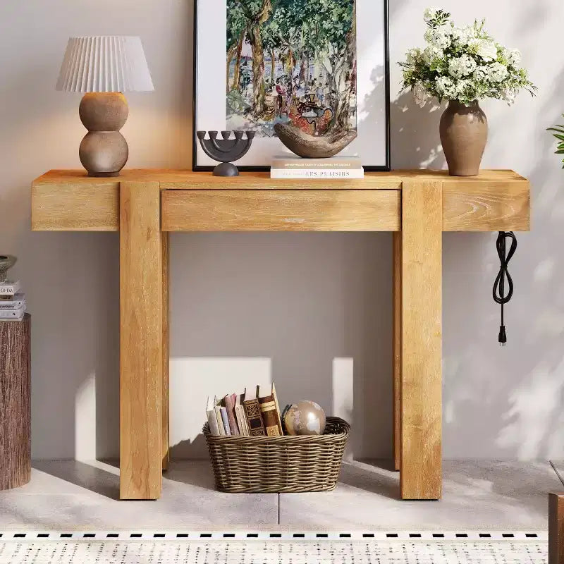 Console Table with Storage Drawer, Wood Veneer Sofa Table, Narrow Entryway Table for Living Room or Home Office
