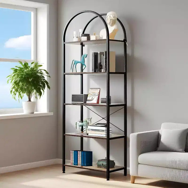 Bookshelf 5 Tier,Arched Display Racks,Tall Shelf for CDs/Books, Modern Storage Rack Shelf Large Wood Book Shelf for Bedroom, Living Room, Home Office