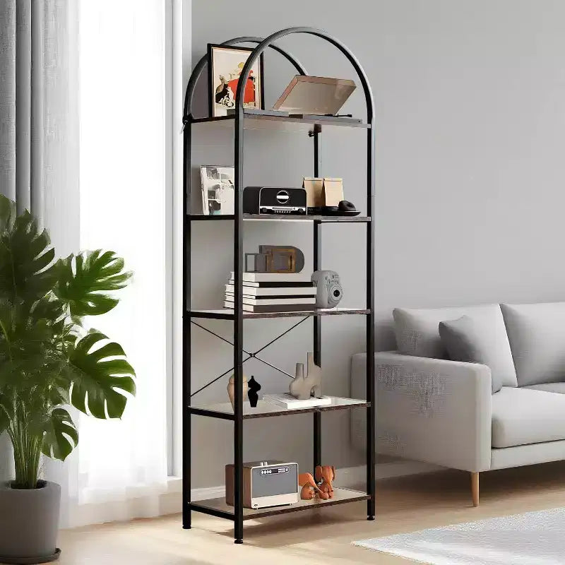 Bookshelf 5 Tier,Arched Display Racks,Tall Shelf for CDs/Books, Modern Storage Rack Shelf Large Wood Book Shelf for Bedroom, Living Room, Home Office