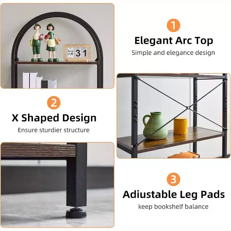 Bookshelf 5 Tier,Arched Display Racks,Tall Shelf for CDs/Books, Modern Storage Rack Shelf Large Wood Book Shelf for Bedroom, Living Room, Home Office