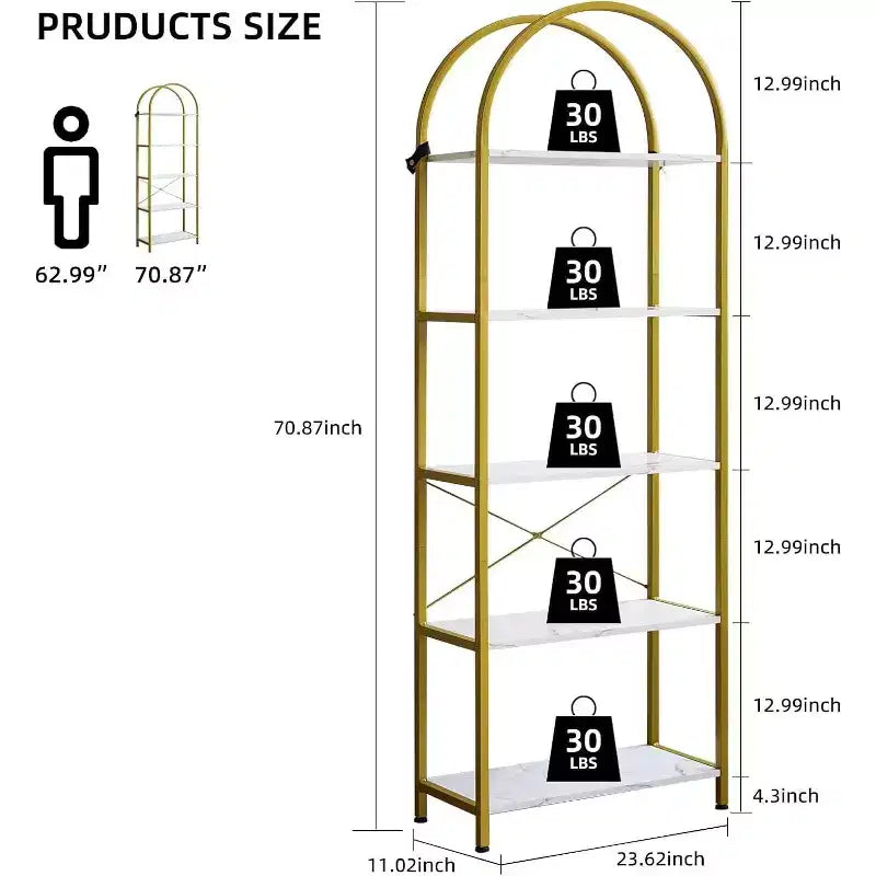 Bookshelf 5 Tier,Arched Display Racks,Tall Shelf for CDs/Books, Modern Storage Rack Shelf Large Wood Book Shelf for Bedroom, Living Room, Home Office