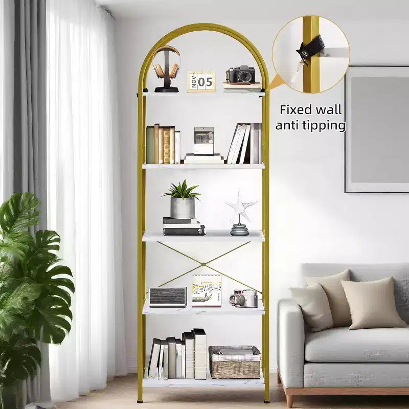 Bookshelf 5 Tier,Arched Display Racks,Tall Shelf for CDs/Books, Modern Storage Rack Shelf Large Wood Book Shelf for Bedroom, Living Room, Home Office