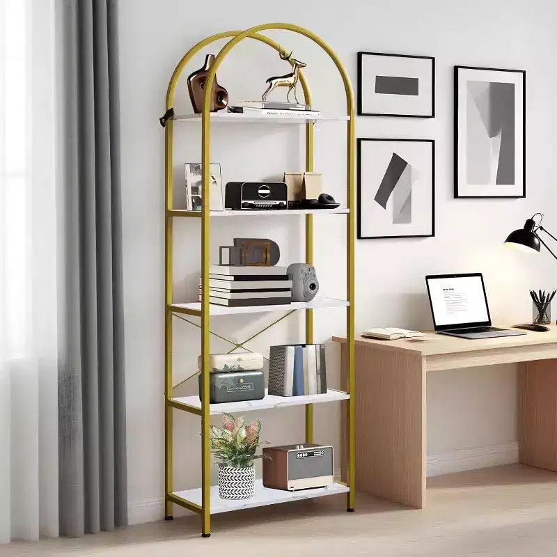 Bookshelf 5 Tier,Arched Display Racks,Tall Shelf for CDs/Books, Modern Storage Rack Shelf Large Wood Book Shelf for Bedroom, Living Room, Home Office