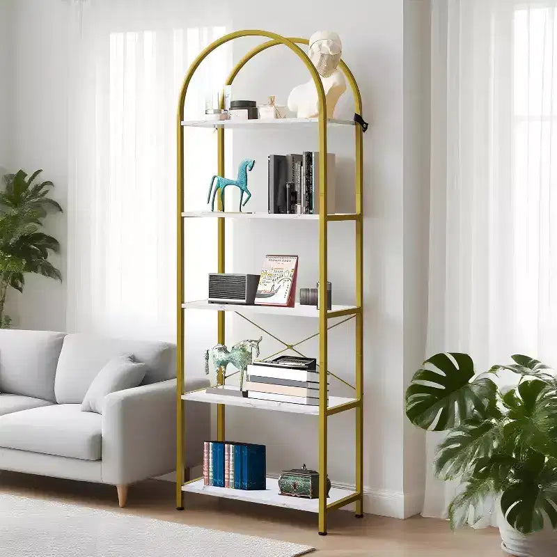Bookshelf 5 Tier,Arched Display Racks,Tall Shelf for CDs/Books, Modern Storage Rack Shelf Large Wood Book Shelf for Bedroom, Living Room, Home Office