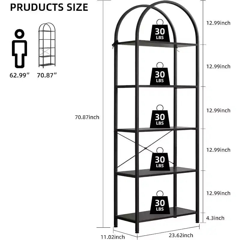 Bookshelf 5 Tier,Arched Display Racks,Tall Shelf for CDs/Books, Modern Storage Rack Shelf Large Wood Book Shelf for Bedroom, Living Room, Home Office