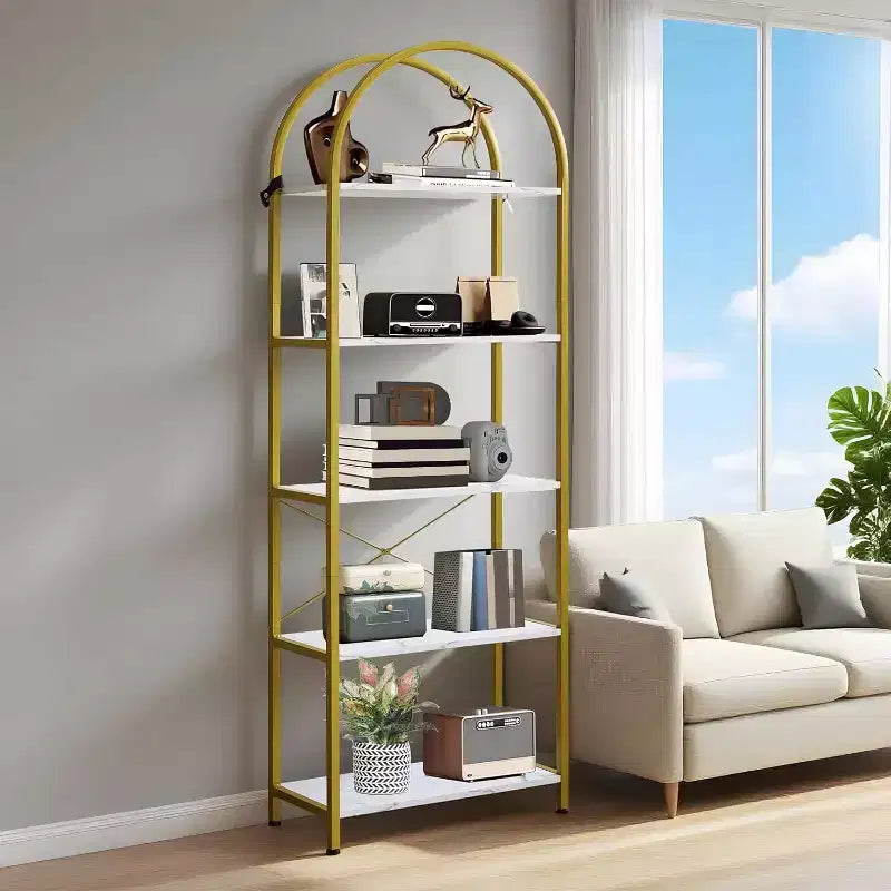 Bookshelf 5 Tier,Arched Display Racks,Tall Shelf for CDs/Books, Modern Storage Rack Shelf Large Wood Book Shelf for Bedroom, Living Room, Home Office