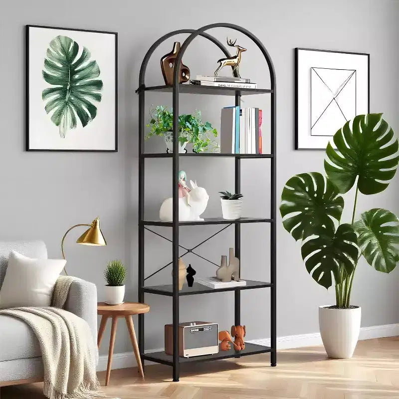Bookshelf 5 Tier,Arched Display Racks,Tall Shelf for CDs/Books, Modern Storage Rack Shelf Large Wood Book Shelf for Bedroom, Living Room, Home Office