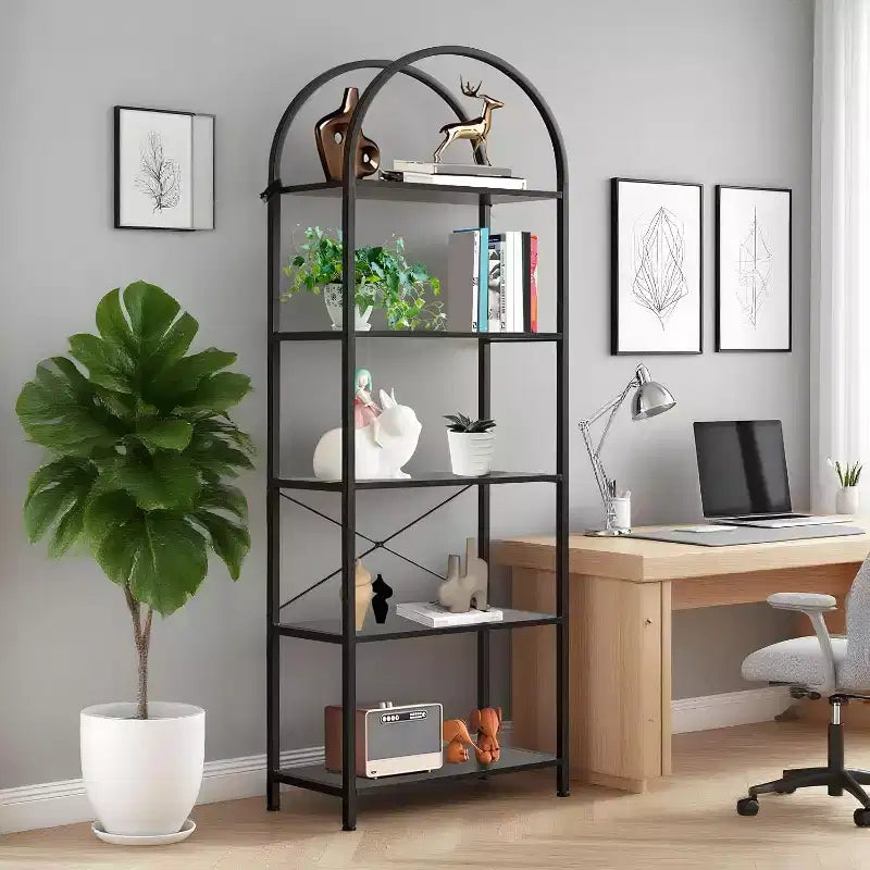 Bookshelf 5 Tier,Arched Display Racks,Tall Shelf for CDs/Books, Modern Storage Rack Shelf Large Wood Book Shelf for Bedroom, Living Room, Home Office